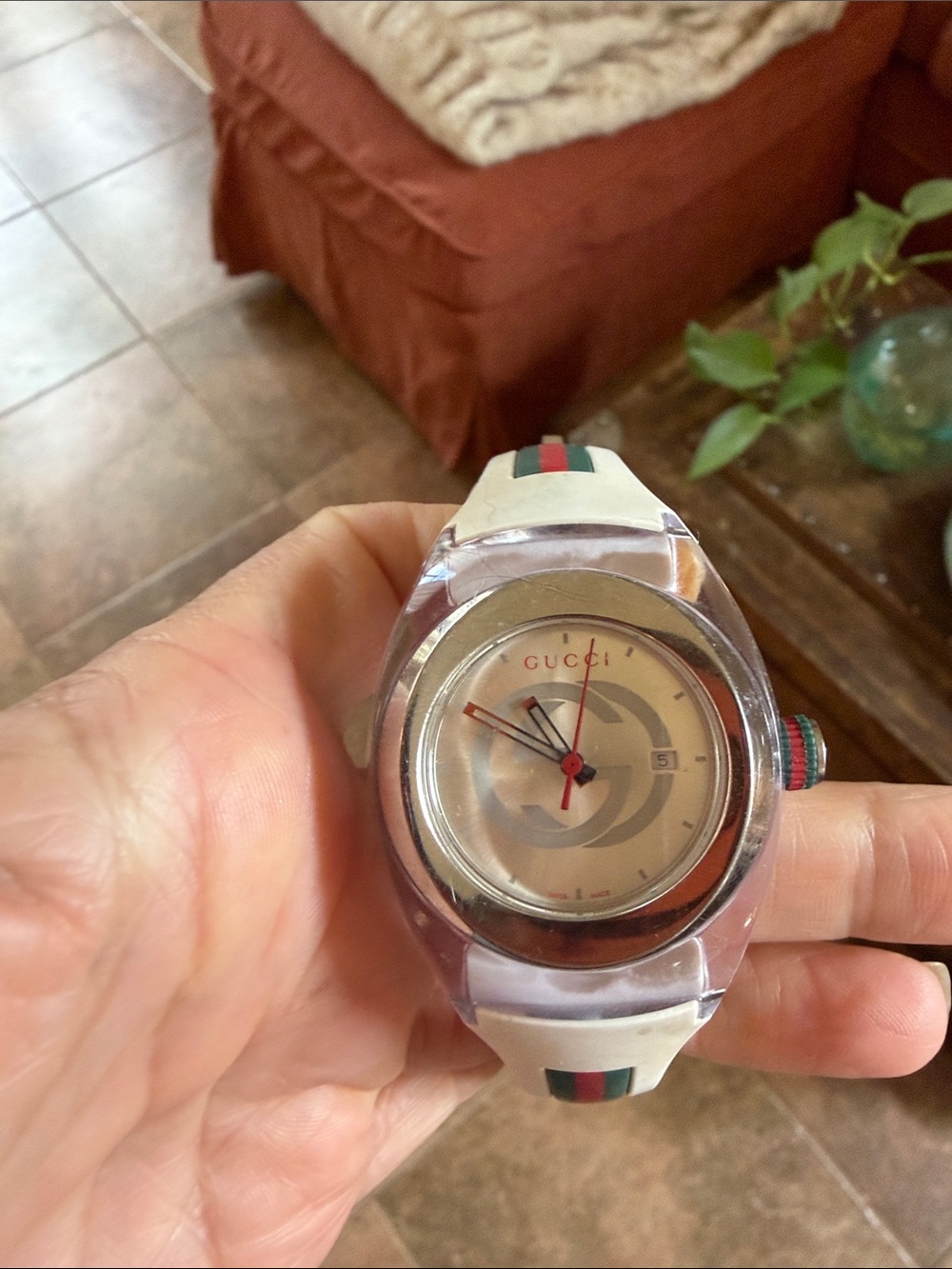 Gucci White Silicone Watch with Green and Red Stripe Accent you in